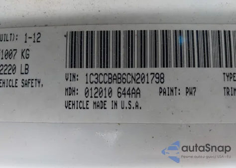 2012 Chrysler 200 Lx из США, поврежденный, VIN 1C3CCBAB6CN201798